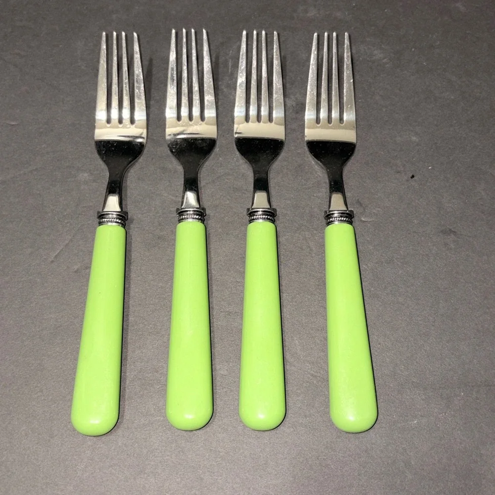 Set/4 Light Green Resin Handle Stainless Steel Dinner Forks Beaded Bolster 7.75